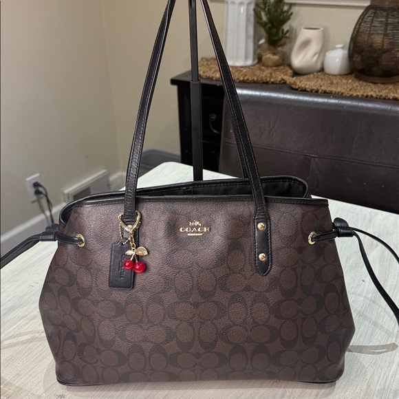 Coach Dark Brown Signature drawstring carry all Handbag with Black Handles - Picture 1 of 11